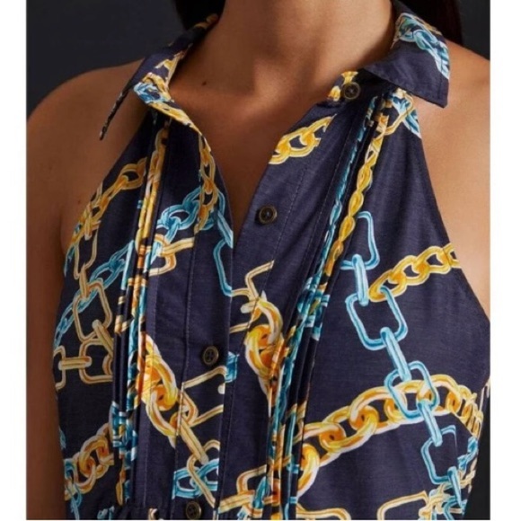 Maeve Anthropologie Chain Print Halter Midi Dress XS Keyhole Back Pleated - Picture 3 of 10